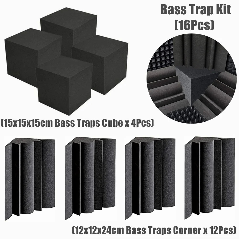 16Pcs/Pack Acoustic Bass Traps Foam Kit 4Pcs 15x15x15cm Sound Absorbing Foam Cubes+12Pcs 12x12x24cm Corner Foam High Density